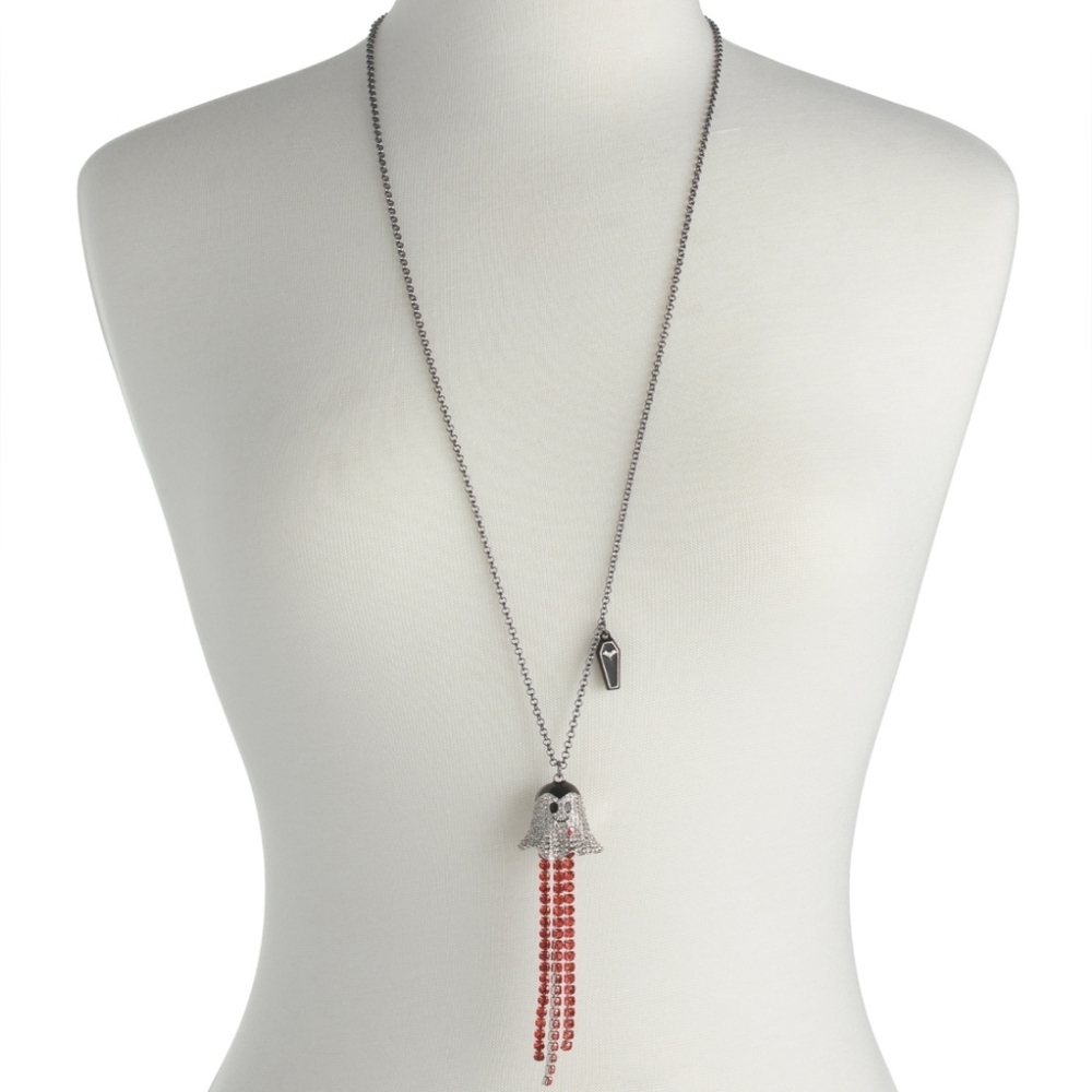 🔹️Betsey Johnson🔹️ Silver and Red  Crystal Ghost Y Neck Tassel Necklace